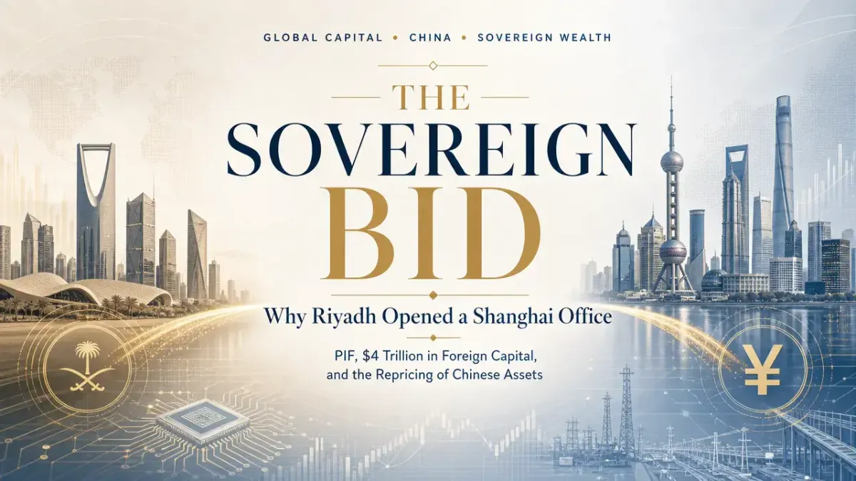 Map visualization showing the capital flow corridor between Saudi Arabia's PIF and the Shanghai financial hub.